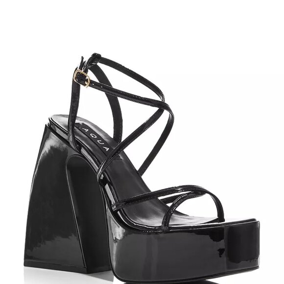 Aqua Chanc Strappy Platform High Heel Sandals Black Patent 7.5 NWT - Picture 1 of 2